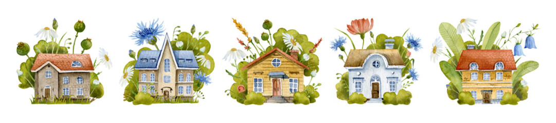 Fairytale Houses with Flowers. Watercolor set with cute Fantasy homes. Hand drawn fairy architecture collection