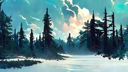 Digital painting, winter in the forest illustration. 4K wallpaper of national park. Background with trees, water, lake,  snow, mountains and clouds. Colorful blue landscape.