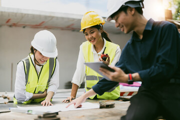 Wall Mural - Young asian architects and engineer discussing blueprints at construction site