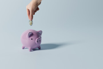 Poster - Piggy bank on the background of money. Concept of saving money, saving money for later. 3d render, 3d illustration