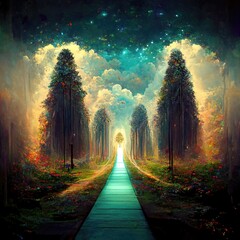 Wall Mural - Surreal path of gratitude in forest with amazing light, 3d illustration