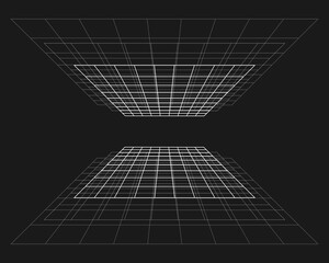 Poster - Cyber grid, retro punk perspective rectangular tunnel. Grid tunnel geometry on black background. Vector illustration.