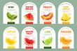 Set of 8 labels, packaging of fresh and juicy different fruits. Natural organic product, gmo free. Text with watercolor realistic fruits on white base. Template for your product.