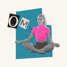 Contemporary Art Collage. Young Woman Sitting In Lotus Pose, Practising Yoga. Feeling Calm And Comfortable