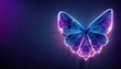 A digital butterfly in a futuristic polygonal style on a blue background is isolated on a gray background. 3d render
