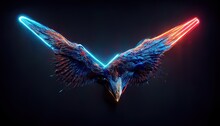 The Concept Of The Connection Technology In The Flight Of A Seagull. An Eagle Flying In A Swoop In Neon Blue.