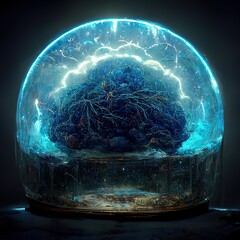 Aufkleber - Futuristic brain on a blue background, electrical activity, flashes and lightning on a blue background.