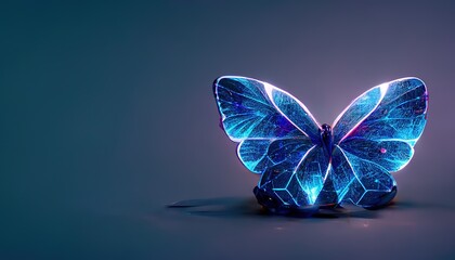 Poster - A digital butterfly in a futuristic polygonal style on a blue background is isolated on a gray background. Wireframe technology light connection structure. 3d render