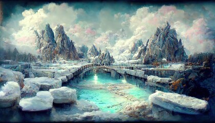 Winter mountain landscape landscape with icy peaks under blue sky, nature background with rocks covered with snow. 3d artwork