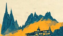Graphic, Vintage Illustration Of A House, Church In The Mountains Of Switzerland. Grunge Digital Painting. Alpine Scenery.