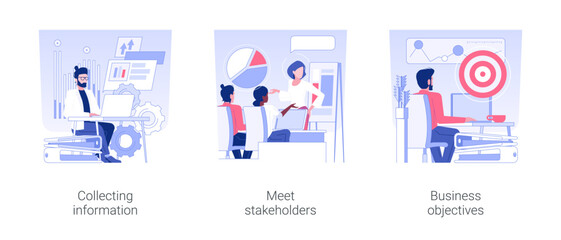 Poster - Business analysis in IT company isolated concept vector illustration set. Collecting information, meet stakeholders, business objectives and goals, branding strategy development vector cartoon.