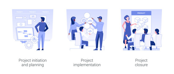 Poster - Project lifecycle isolated concept vector illustration set. Project initiation and planning, implementation and closure, IT company management, working workflow, product release vector cartoon.