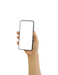 © banphote - Hand holding smart phone with white blank screen isolated on transparent background - PNG format.