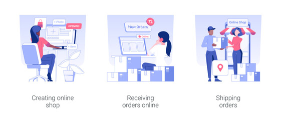 Poster - Ecommerce store owner isolated concept vector illustration set. Creating online shop, recieving orders online, shipping order to customer, courier service, e-commerce platform vector cartoon.
