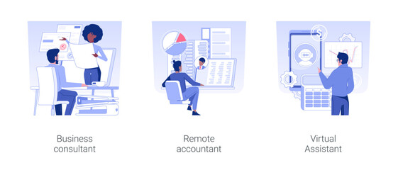 Poster - Online consultancy services isolated concept vector illustration set. Business consultant, remote accountant with laptop, virtual assistant, online bookkeeping, financial advisor vector cartoon.