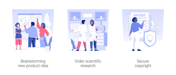 Poster - Launching new product isolated concept vector illustration set. Brainstorming new product idea, order scientific research, clinical expertise, secure copyright, patent application vector cartoon.