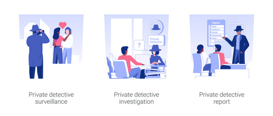 Poster - Private detective services isolated concept vector illustration set. Private detective surveillance and investigation, report to a client, interviewing people, watching a couple vector cartoon.
