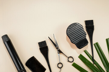 Wall Mural - Hair brushes and combs, scissors, cosmetics for hair dying: tools for hairdresser on beige colored background arranged as a side frame, a template, space for text