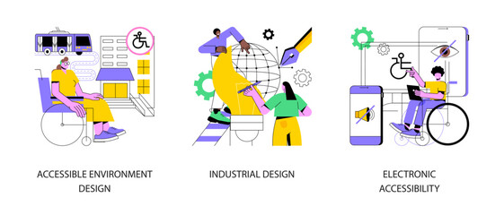 Wall Mural - Barrier-free environment abstract concept vector illustration set. Accessible environment design, industrial product usability and ergonomics, electronic accessibility for disabled abstract metaphor.