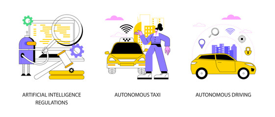 Poster - Driverless transport legislation abstract concept vector illustration set. Artificial intelligence regulations, autonomous taxi driving, AI development, future transport system abstract metaphor.