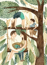 Family Playing And Resting On Top Of A Tree