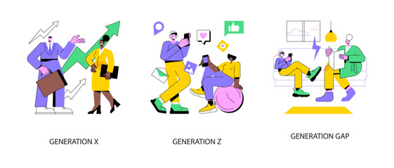 Fototapete - society development abstract concept vector illustration set. generation x and z, young people and p