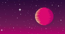 Pixel Art Space Animation. Planet, Stars, Space. Pixel Art 8 Bit Vector Game Retro. Pink Pixel Planet. Seamless Animation
