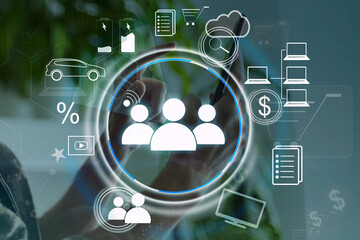 Aufkleber - Young man touching future technology social network button