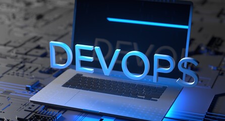 Wall Mural - Devops software development operations infinity symbol. Web development concept in isometric design. Developing of internet app, online website service. 