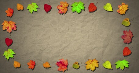 Wall Mural - Animated background. Animated frame of autumn leaves copy space on organic paper background. Thanksgiving concept, family, discount and sale for this holiday