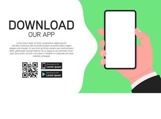 Poster - Landing page for downloading the mobile app. Male hand holding smartphone isolated on green background. Vector illustration.
