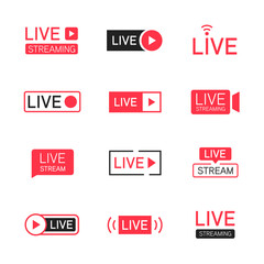 Poster - Live stream button icons. Set of red and black symbols live broadcasting and online news video streaming.  Vector illustration..