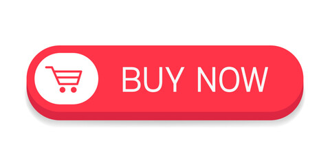 Poster - Red realistic button with text buy now isolated on white background. Vector illustration..
