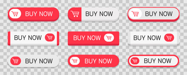 Poster - set of red and white buttons with text buy now isolated on transparent background. vector illustrati