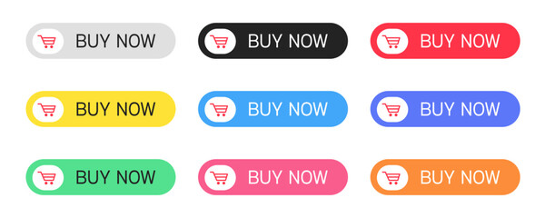 Poster - Set of colorful buttons with text buy now isolated on white background. Vector illustration..