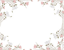 Floral Frame. Border Of Decorative Twigs Flowers. Isolated On White Background.
