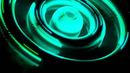 Poster -  Neon green rings and a central sphere in neon lighting. Design. Energy impulse moving fast along round silhouettes.