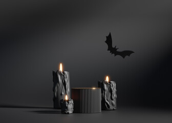 3D podium display on black background. Halloween Flying bat and candles with glowing flame.  gold pedestal showcase. Product promotion. Abstract banner, empty mockup, spooky 3D render 