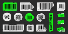 Damaged Or Spoiled QR Codes And Barcode Labels. Beautiful Damaged Or Curl Qr Code And Barcode Stickers. Round, Square Or Rectangular Labels. White And Acid Green Colors. Trendy Vector Graphic Elements