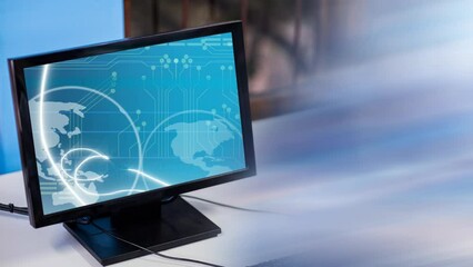 Poster - Animation of globes and network of connections over computer