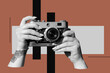 Digital collage with female hands holding vintage film camera
