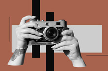 Digital Collage With Female Hands Holding Vintage Film Camera