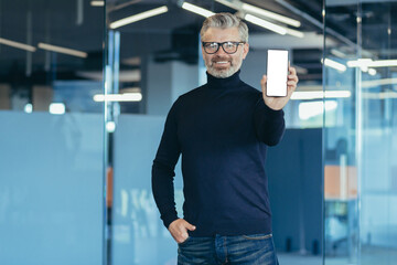 senior experienced gray haired businessman working inside office, portrait of man with phone, mature
