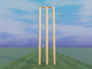 Wall Mural - A 3d graphic of a cricket wichet against a 3d pitch background