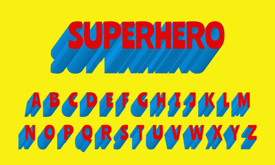 Wall Mural - 3D Superhero font design, red and blue colors, comic style alphabet with capital letters