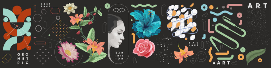 Canvas Print - trendy abstract art templates with floral and geometric elements. vector fashion backgrounds. painti