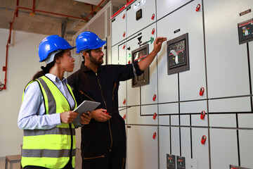 Male and Female colleague electrical engineer work checking at Electrical Distribution Control Room