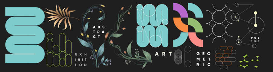 Poster - abstract geometric objects, tropical plants. set of elements for design. creative vector illustratio