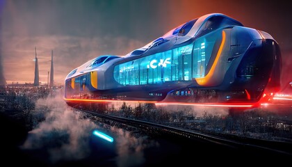 Poster - Futuristic high-speed express passenger train. Logistics of the future, modern technologies. Modern urban landscape. 3d railway travel concept. 3d artwork
