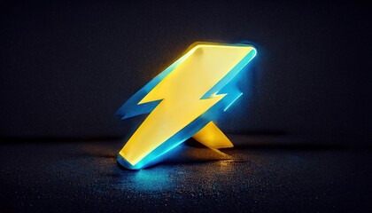 Leinwandbilder - Futuristic neon yellow lightning 3D icon. Realistic thunder, lightning flash, symbol of energy, danger. Realistic symbol with reflection on the concrete floor. 3d artwork